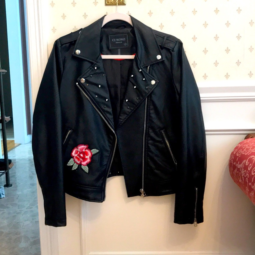 Ci Sono Black Leather Jacket with Red Rose Detail